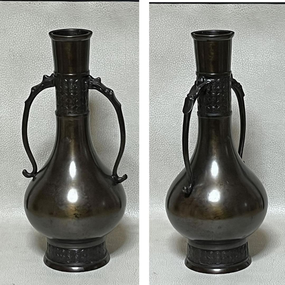 金谷浄雲 胡銅 龍耳 花入 共箱 唐銅 花入 茶道具 【k3518】