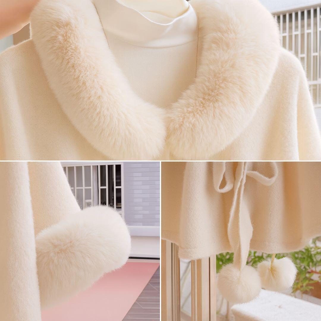 ケープ コート ポンチョ ファー ふわふわ アイボリー 韓国 miu系穿搭
