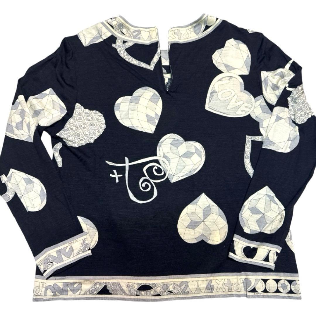 レオナール　シルクウール　トップス カットソー トトリムハート柄　黒地白グレーL