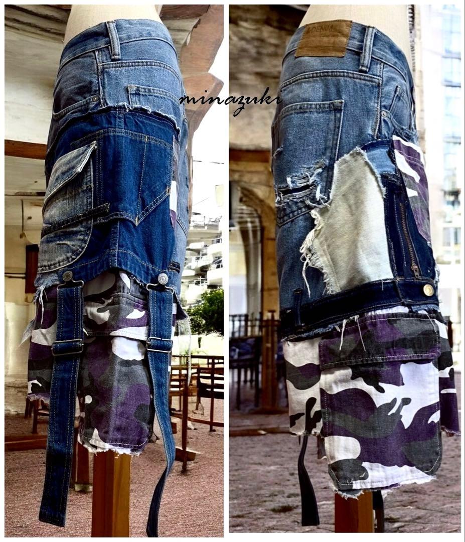 タイムセール！古着デニム☆解体×再構築☆ ハーフショートパンツ☆ミリタリ☆ 迷彩