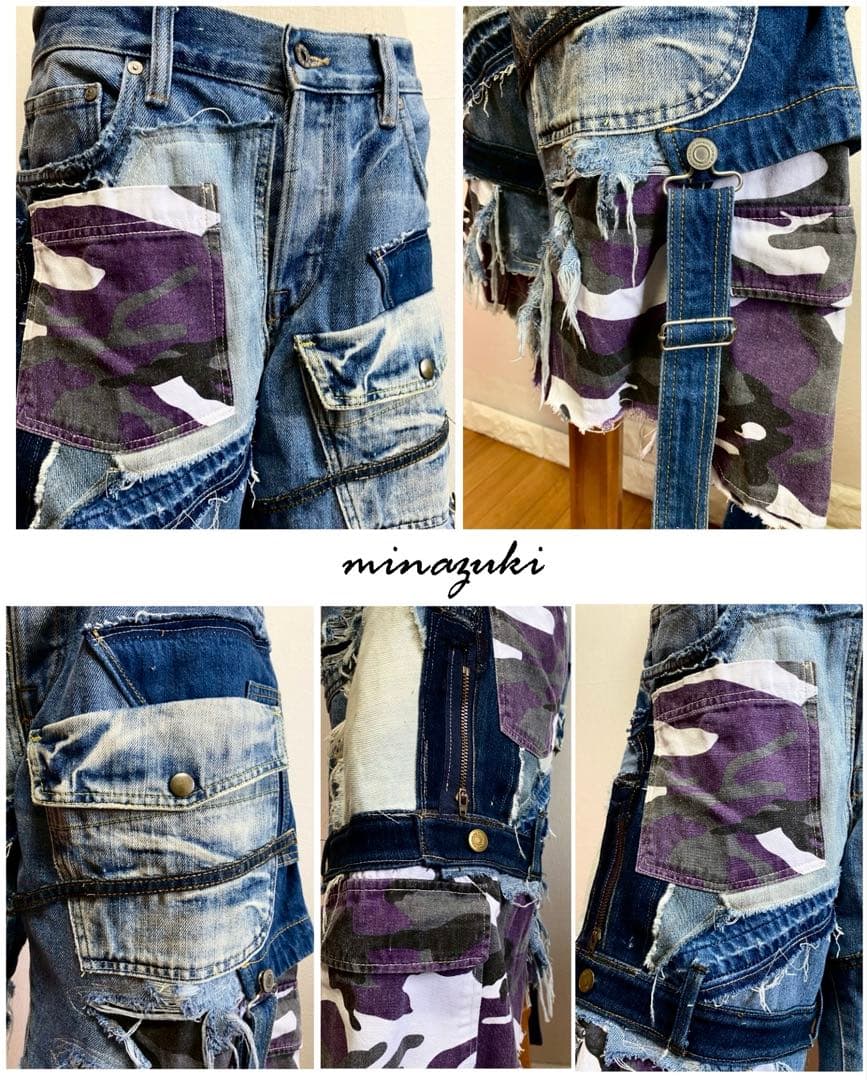 タイムセール！古着デニム☆解体×再構築☆ ハーフショートパンツ☆ミリタリ☆ 迷彩