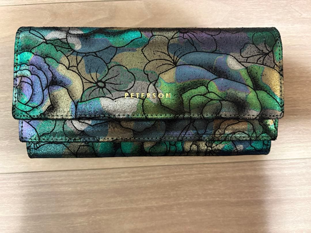 PETERSON 多色花柄 レザー長財布 箱付き　光沢　緑系　欧州　ピーターソン