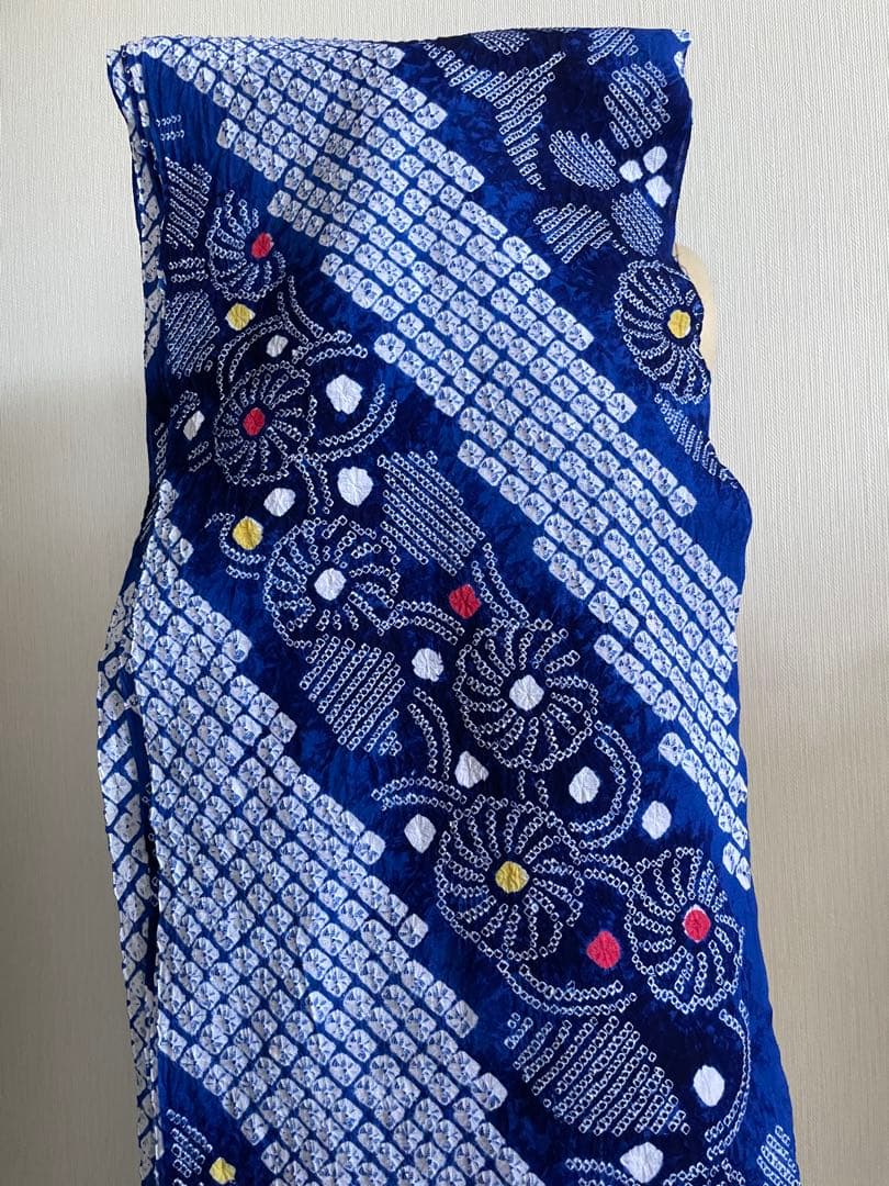 着物　浴衣　絞り生地　一反　ブルー系　ワンピース　トップス　ハンドメイド