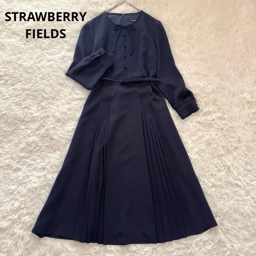 ストロベリーフィールズ ダブルプリーツワンピース ネイビー ベルト付 セレモニー