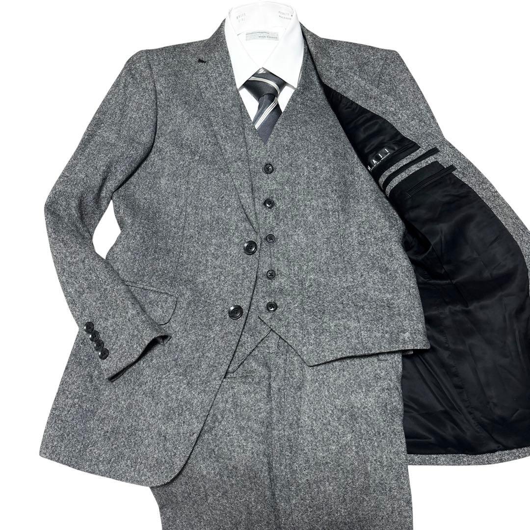 美品 AOKI アオキ ツイード風 3ピース スーツ セットアップ M グレー