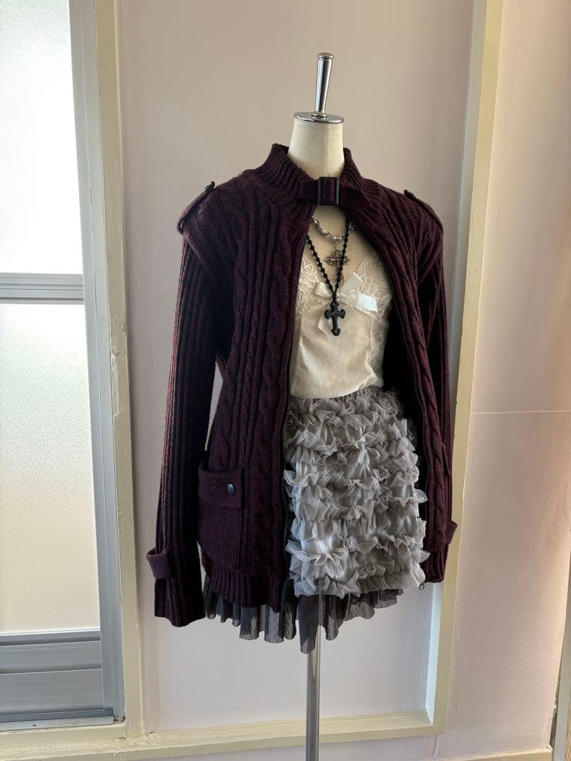 y2k 00s当時物 マーブルニット裏ボア ライダース ケーブル編み 平成ギャル