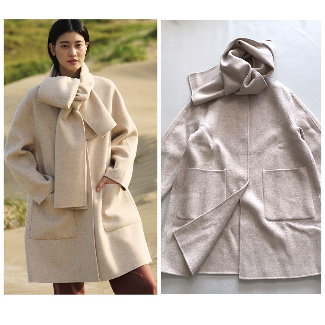 セオリーリュクス 38 カシミア混リバー仕立て　ノーカラー　マフラー付コート