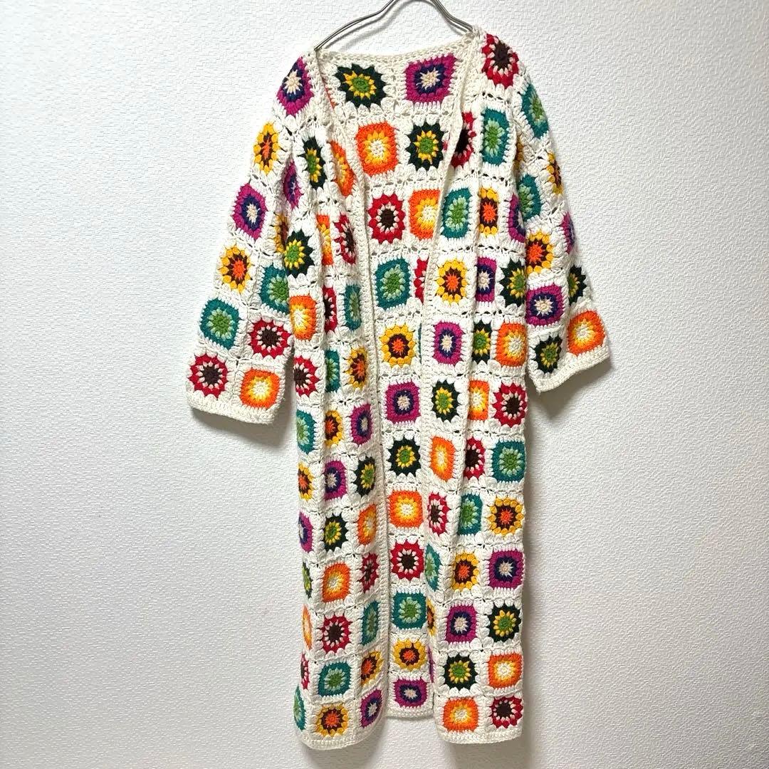 【Freadaフリーダ】グラニースクエアロングカーディガン(かぎ編みニット)