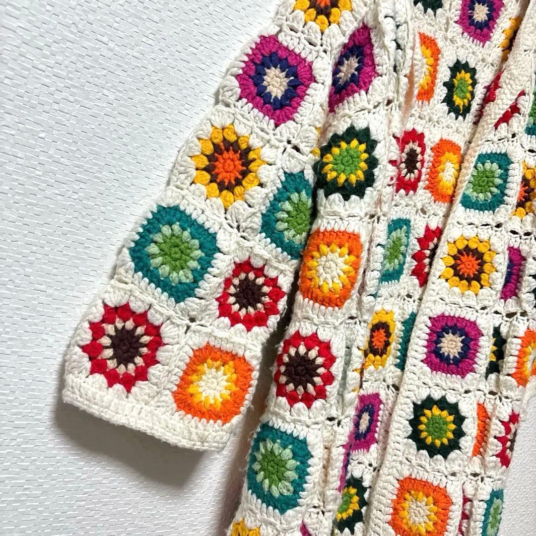 【Freadaフリーダ】グラニースクエアロングカーディガン(かぎ編みニット)