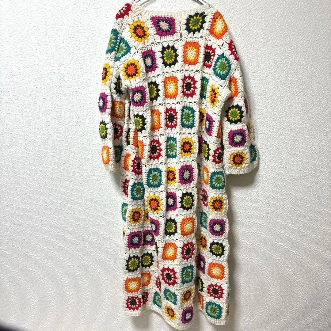 【Freadaフリーダ】グラニースクエアロングカーディガン(かぎ編みニット)