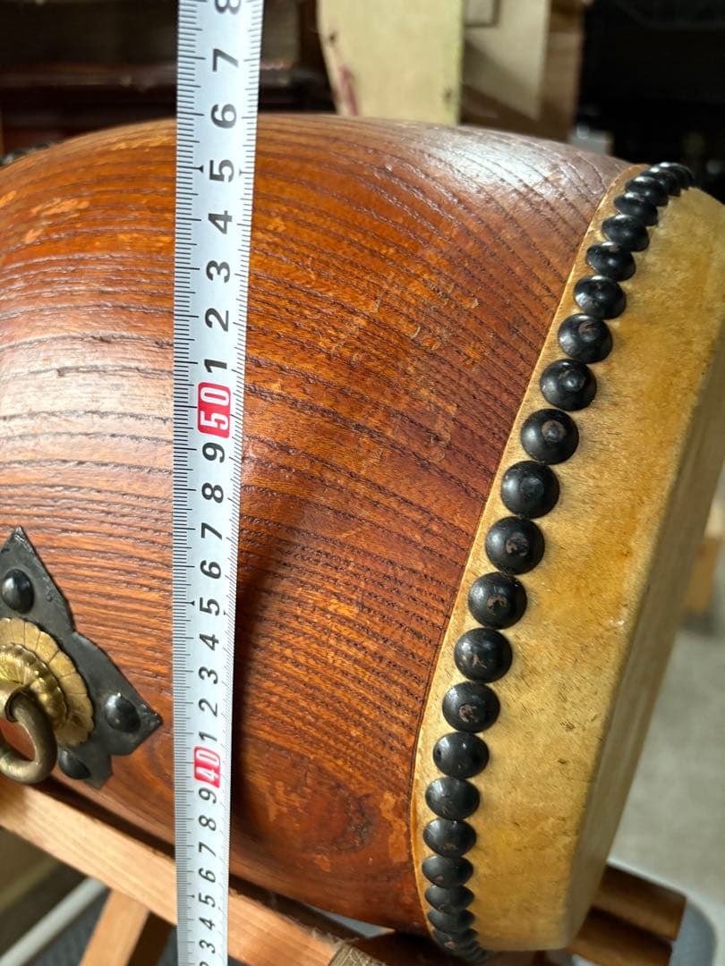 初出　和太鼓　長胴太鼓　伝統和楽器　けやき材くり抜き　台座、バチ2組付き