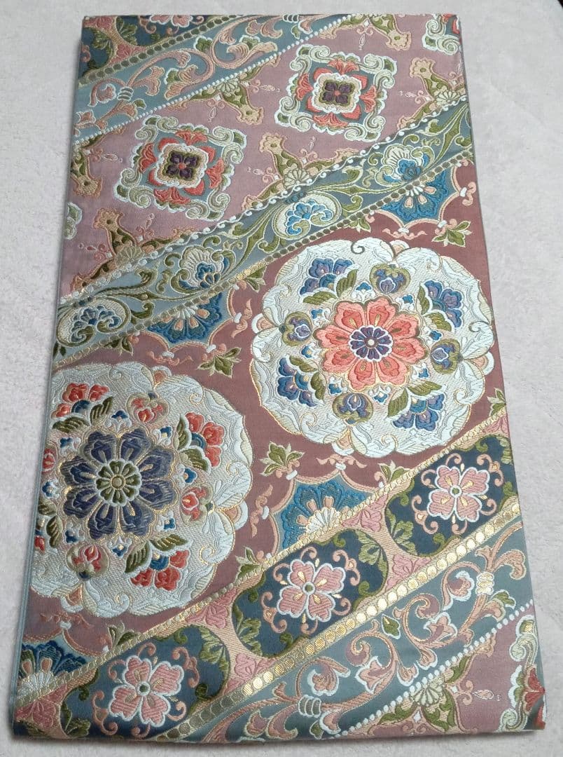 値下げ依頼受付　袋帯　細かく美しい刺繍　本金箔　31×432㎝　金ピンクグレー青