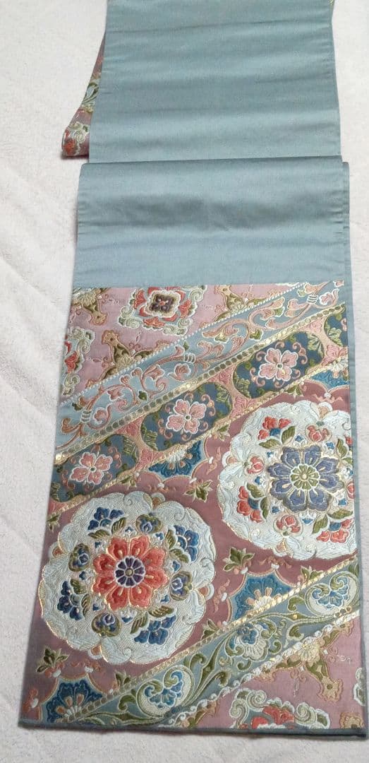 値下げ依頼受付　袋帯　細かく美しい刺繍　本金箔　31×432㎝　金ピンクグレー青