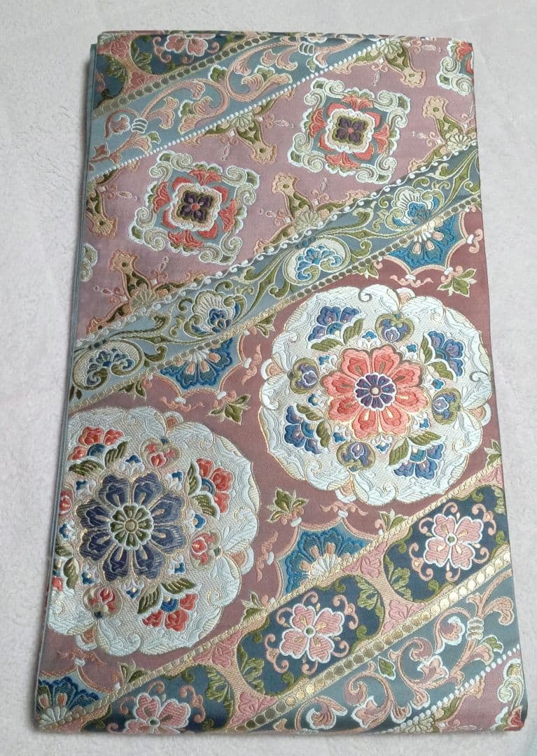 値下げ依頼受付　袋帯　細かく美しい刺繍　本金箔　31×432㎝　金ピンクグレー青