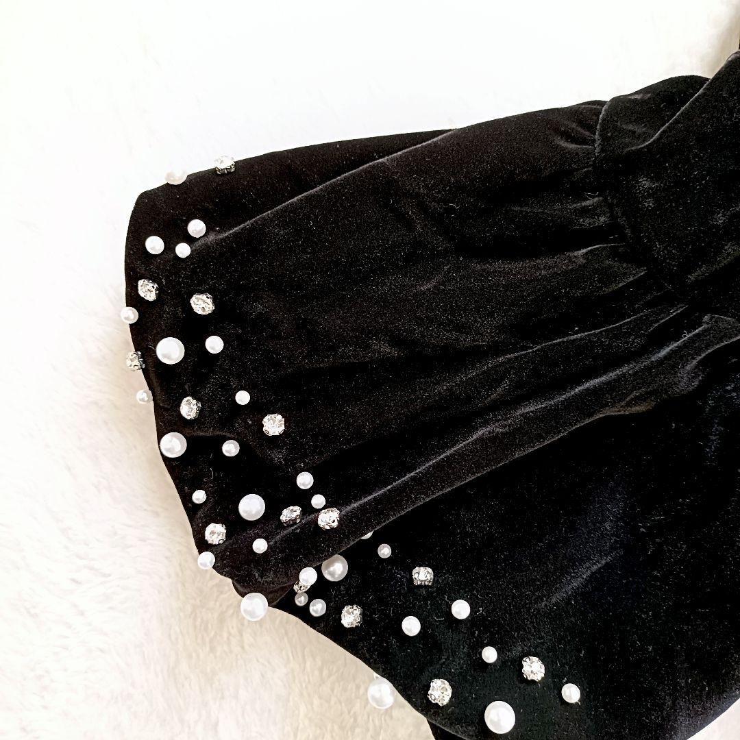 Leja ベロアドレス　ギャザーワンピース　パールストーンリボン