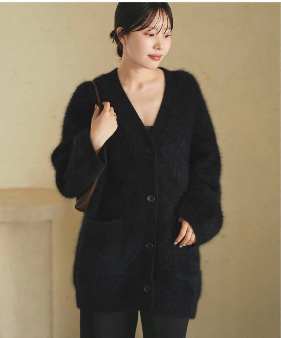 Plage Fur Midiカーディガン黒ファートップス ブラック