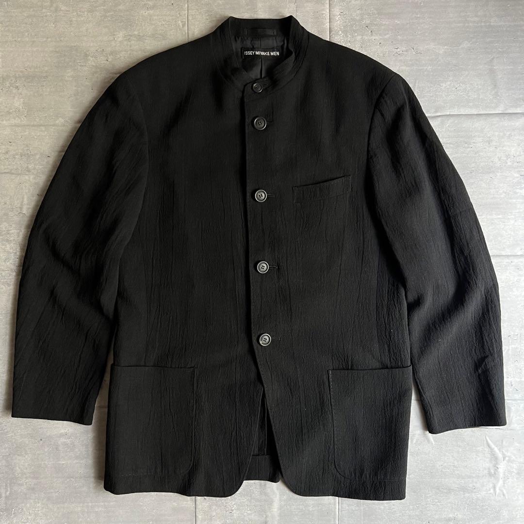イッセイミヤケメン　リネン×ウール　シワ加工　マオカラー　ジャケット　Mサイズ