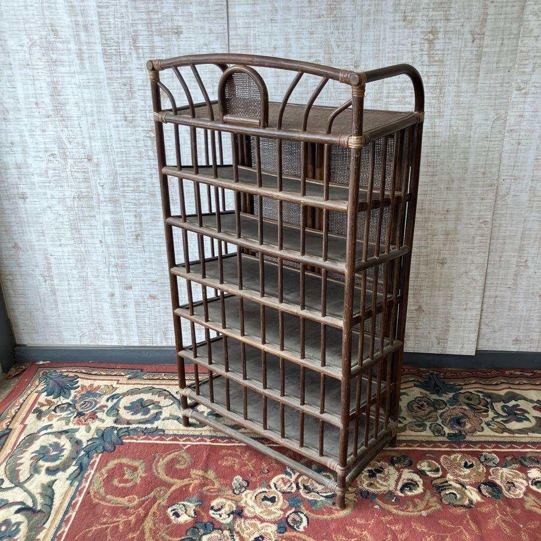 昭和レトロ 扉付き 6段ラタンシューズラック 下駄箱 籐家具 古家具 ビンテージ