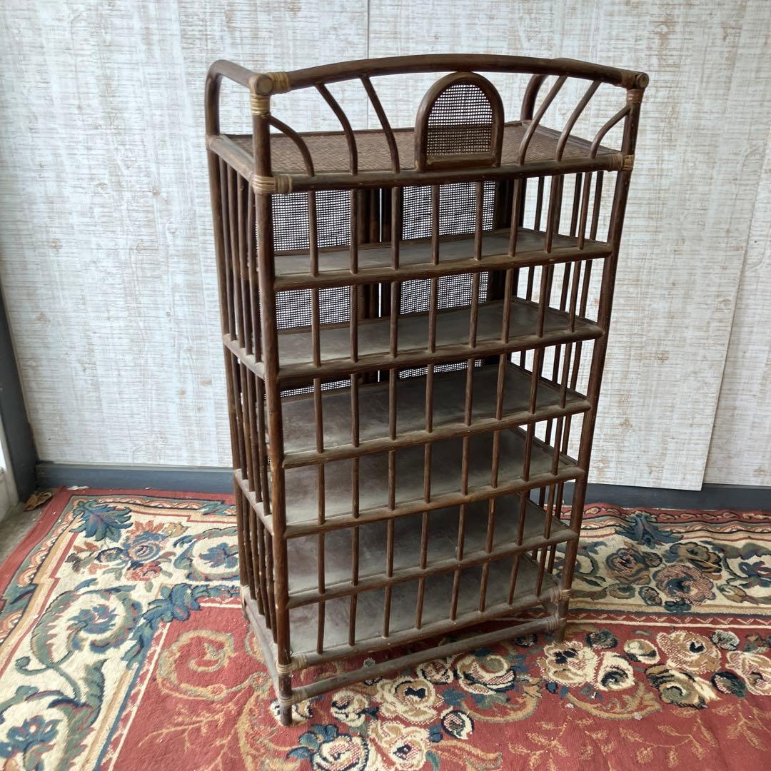 昭和レトロ 扉付き 6段ラタンシューズラック 下駄箱 籐家具 古家具 ビンテージ