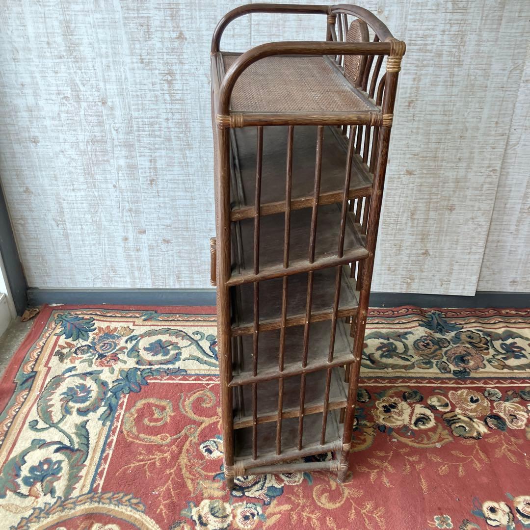 昭和レトロ 扉付き 6段ラタンシューズラック 下駄箱 籐家具 古家具 ビンテージ