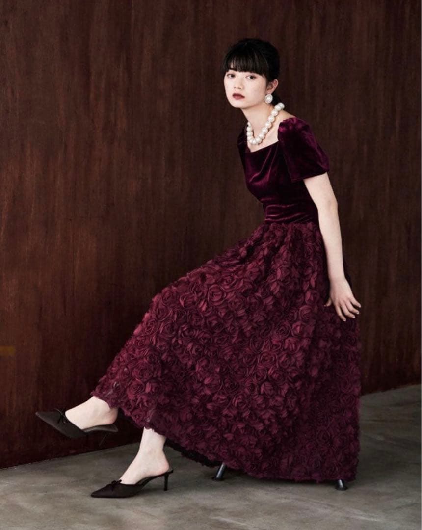 ドレス ベロアロゼットフレアドレス