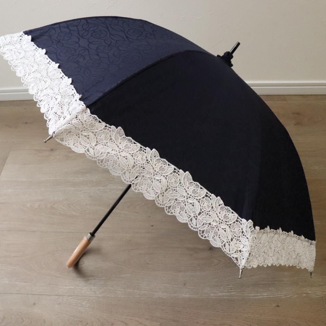 晴雨兼用長傘　日傘　 紺と白のレース　近沢レース　資生堂ノベルティー新品