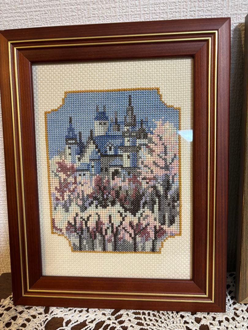 クロスステッチ刺繍風景画2点セット フレーム付き ピアノと女の子　あじさい