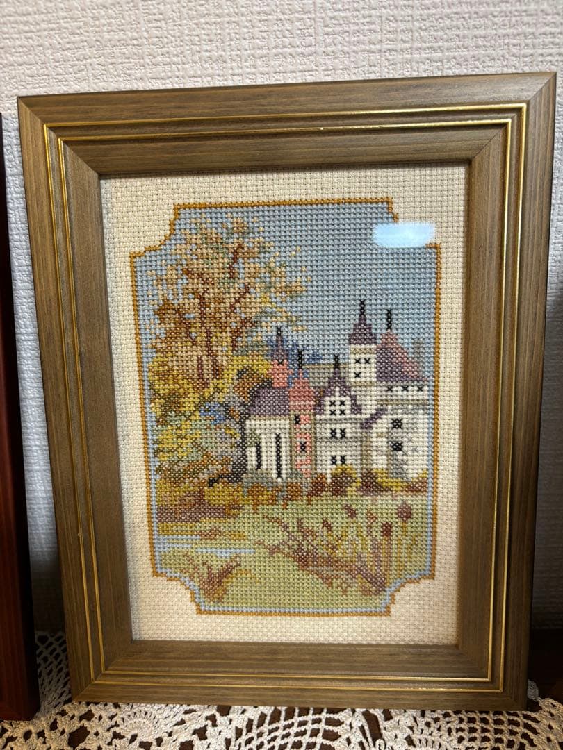 クロスステッチ刺繍風景画2点セット フレーム付き ピアノと女の子　あじさい