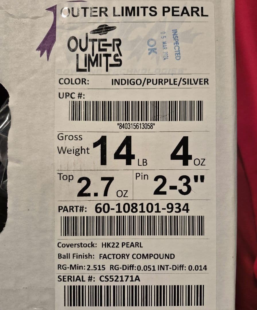 アウターリミッツパール ボウリングボール 14ポンド