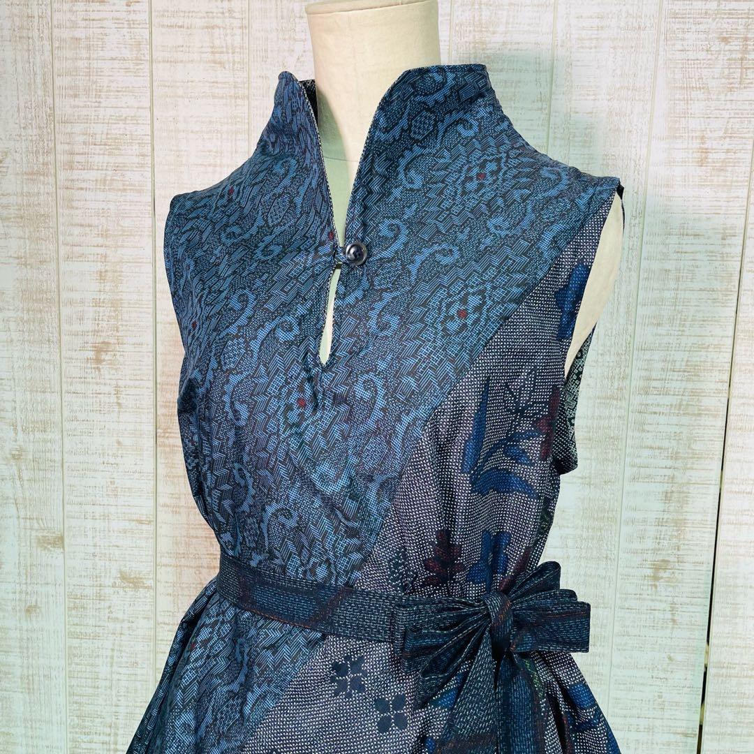 着物リメイク＊数種類の正絹大島紬で立ち襟＆テントラインワンピースＭ〜Ｌ