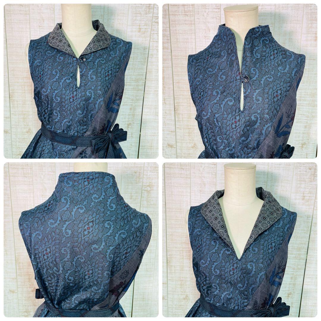 着物リメイク＊数種類の正絹大島紬で立ち襟＆テントラインワンピースＭ〜Ｌ