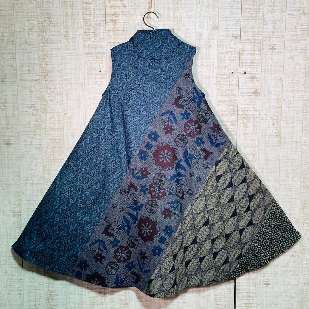 着物リメイク＊数種類の正絹大島紬で立ち襟＆テントラインワンピースＭ〜Ｌ