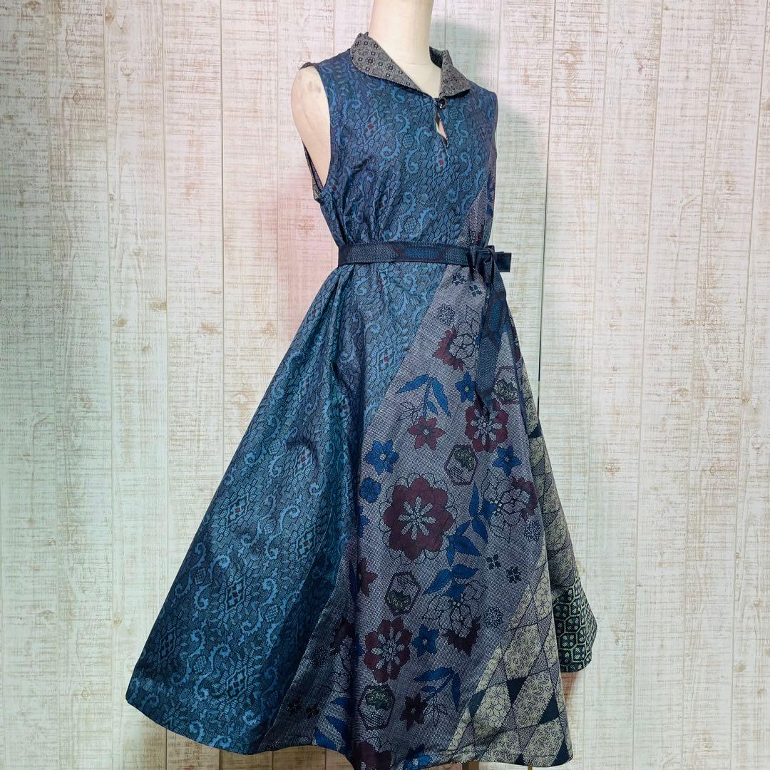 着物リメイク＊数種類の正絹大島紬で立ち襟＆テントラインワンピースＭ〜Ｌ