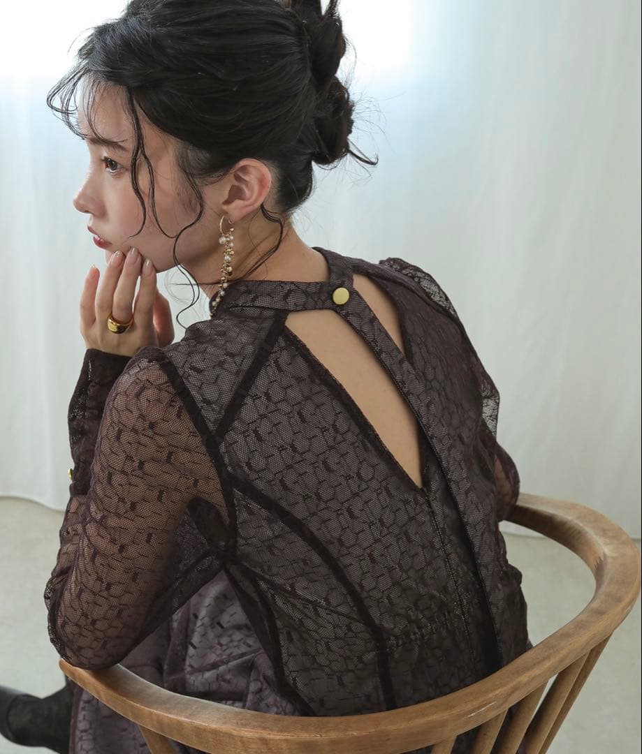 Kana 幾何学柄 レース バックオープン ワンピース パーティー ドレス結婚式