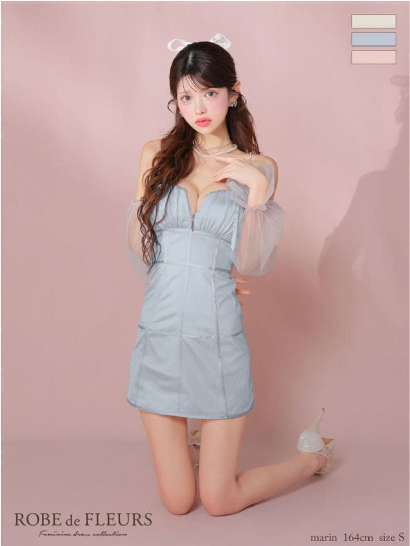 ROBE de FLEURS ラメチュールシアーオフショルミニキャバドレス M