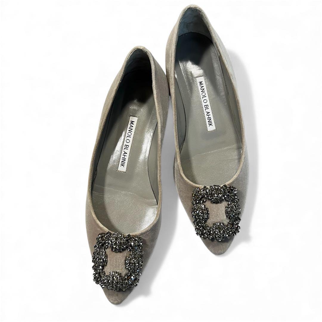 【美品】MANOLO BLAHNIK ハンギシ 35 グレー フラットシューズ