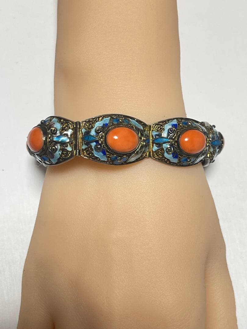 銀線細工 珊瑚SILVER ストーン ブレスレット