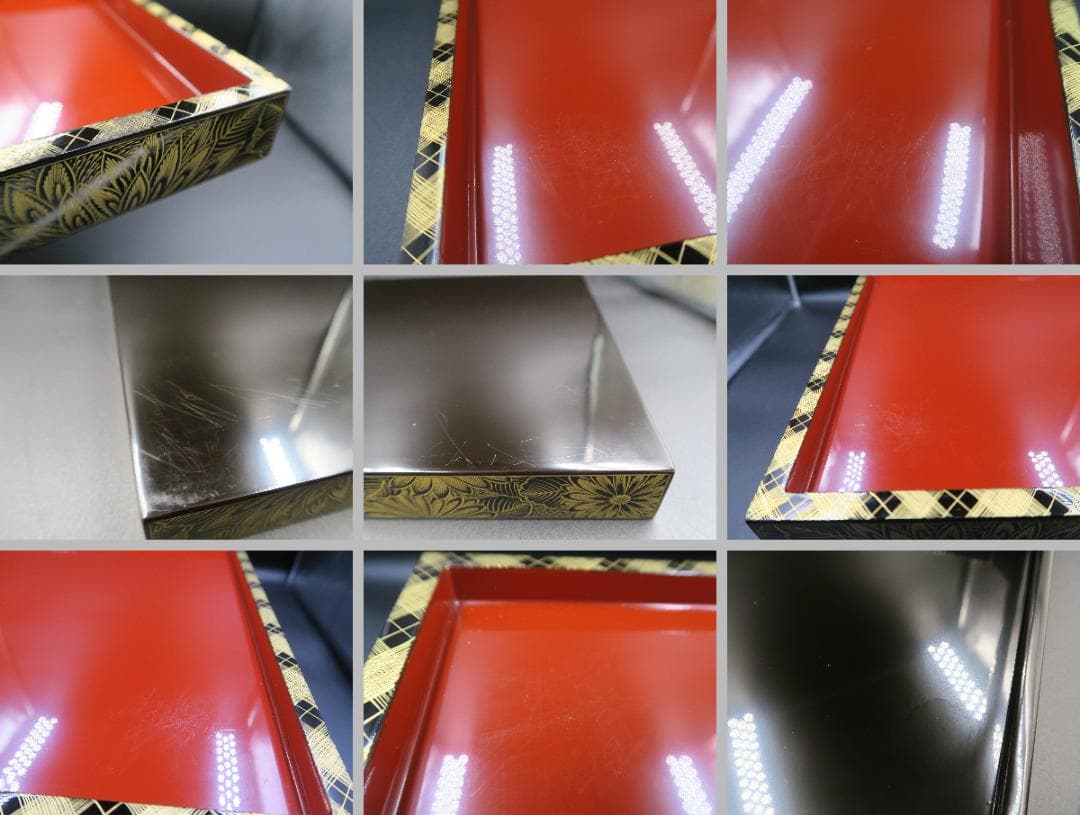 【輪島塗】極上菊詰沈金 四段重箱 内朱塗 蓋二枚 縁網代沈金重台付 天然木 共箱