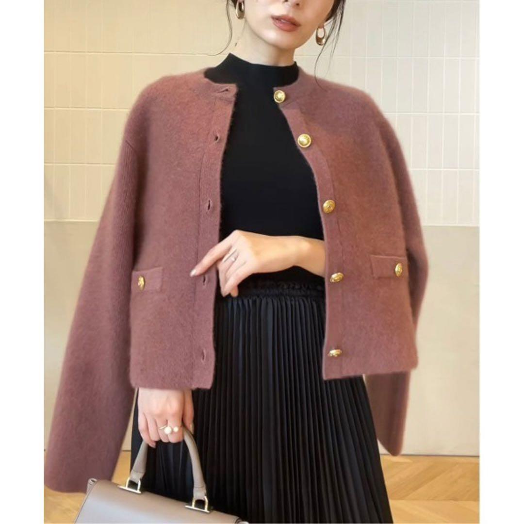 ラクーンブレンドノーカラーニットジャケット ダークピンク