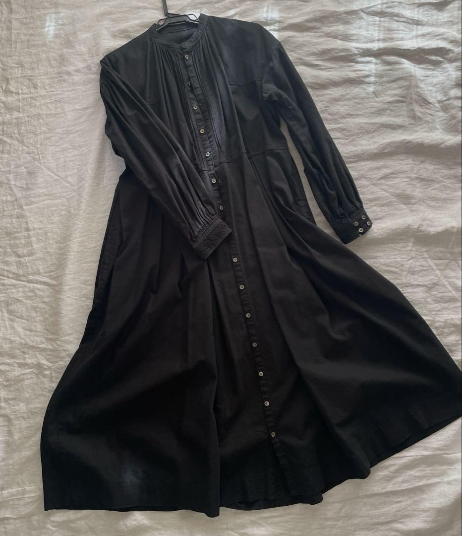 厚手 nest Robe ヘンプ コットンエンブロイダリーワンピース 黒 秋冬