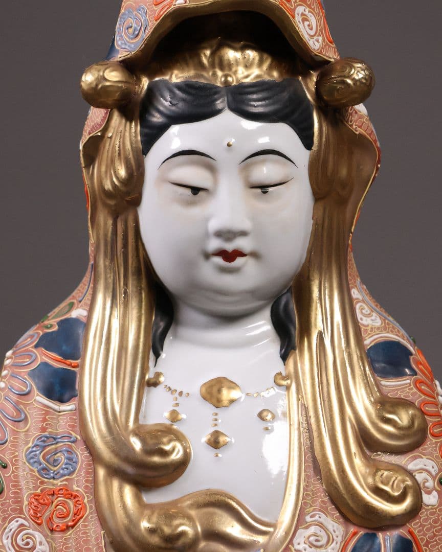九谷焼 八幡窯 観音菩薩立像 59.4cm 金彩 色絵 置物 仏像【MA818】