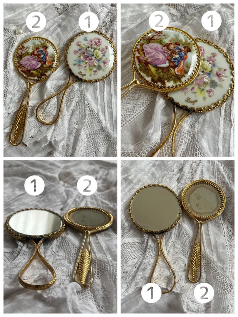 ◆フランスアンティーク｜メイク道具6点、ヘアブラシ、リモージュ、手鏡、イヤリング