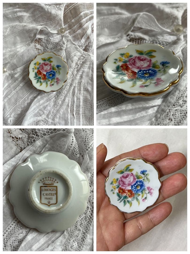 ◆フランスアンティーク｜メイク道具6点、ヘアブラシ、リモージュ、手鏡、イヤリング