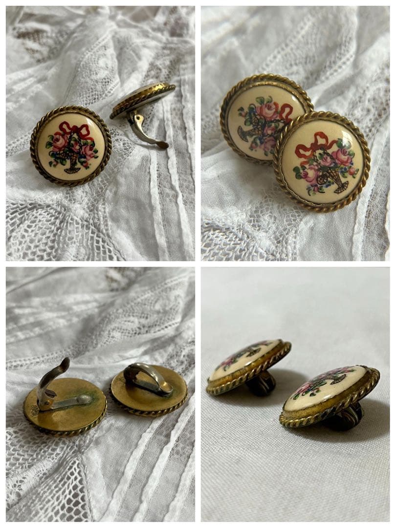 ◆フランスアンティーク｜メイク道具6点、ヘアブラシ、リモージュ、手鏡、イヤリング