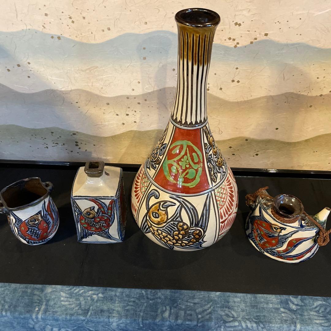 壺屋焼【4点セット】新垣勲作　【45センチ】花瓶・小花瓶　新垣窯　花瓶・抱瓶