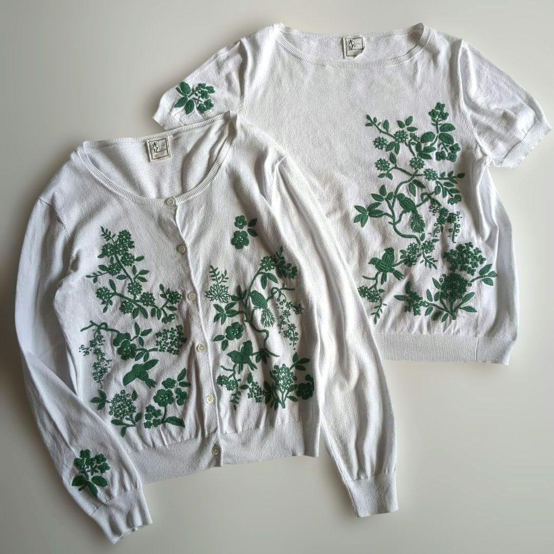 ケイタマルヤマ 緑花と鳥刺繍 アンサンブル カーディガン 半袖カットソー M