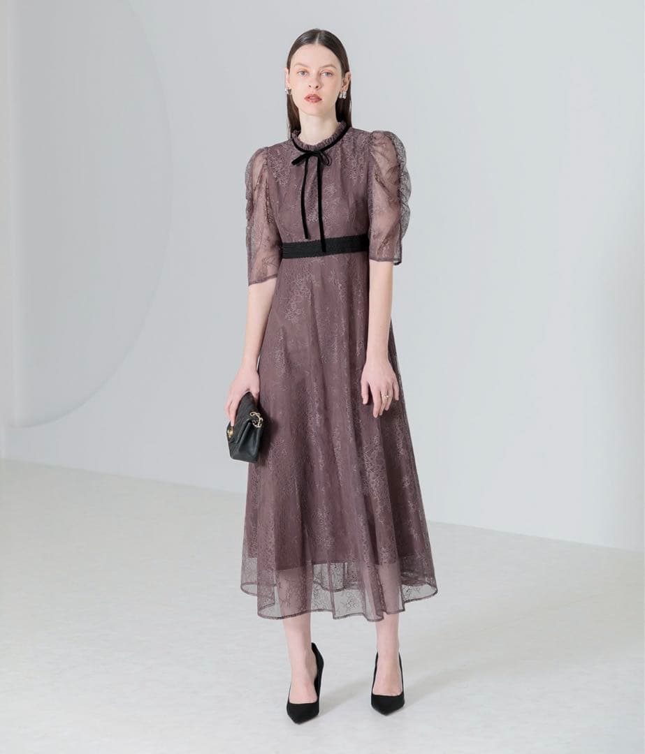 【美品】leja ウエストマーク　パフスリーブ　レースロングワンピース　ドレスM