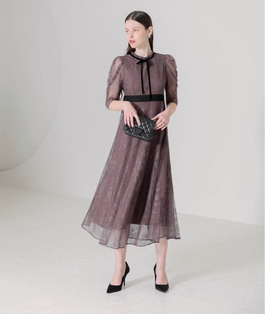 【美品】leja ウエストマーク　パフスリーブ　レースロングワンピース　ドレスM