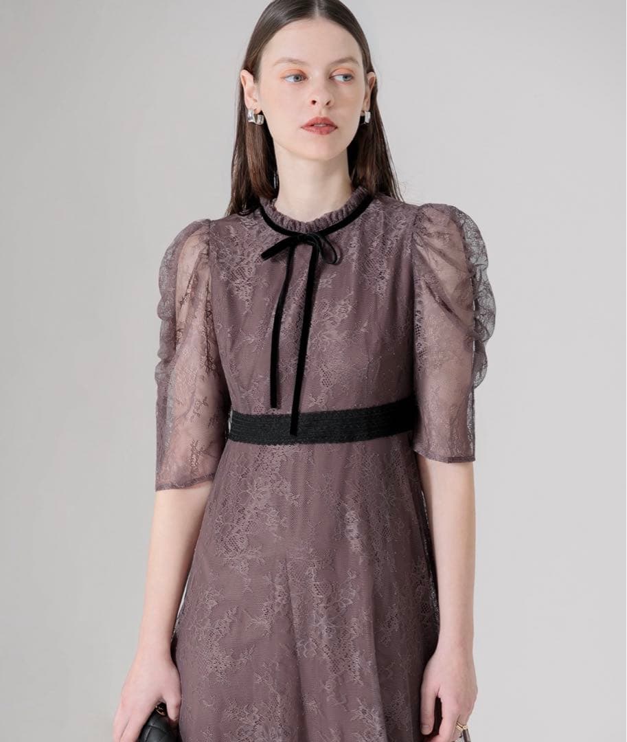 【美品】leja ウエストマーク　パフスリーブ　レースロングワンピース　ドレスM