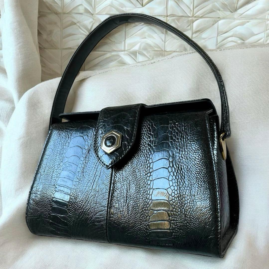 希少カラー オーストリッチ オーストレッグ シャイニング加工 ハンドバッグ 深緑